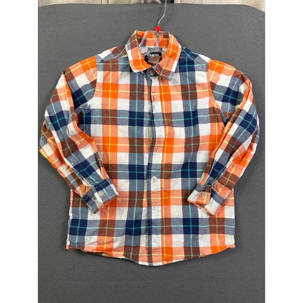 OshKosh Bgosh Boys Orange‎ Navy Blue Plaid Button Down Shirt Size 7 Long Sleeve